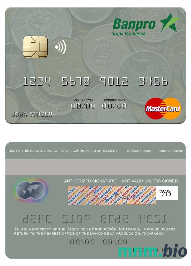 Nicaragua Banco de la Producción przykład karty mastercard w formacie PSD